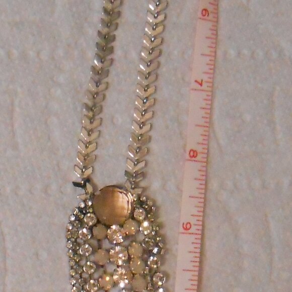 Express Silver Art Nouveau Statement Necklace with Crystal and Rhinestone Fringe - Picture 9 of 10